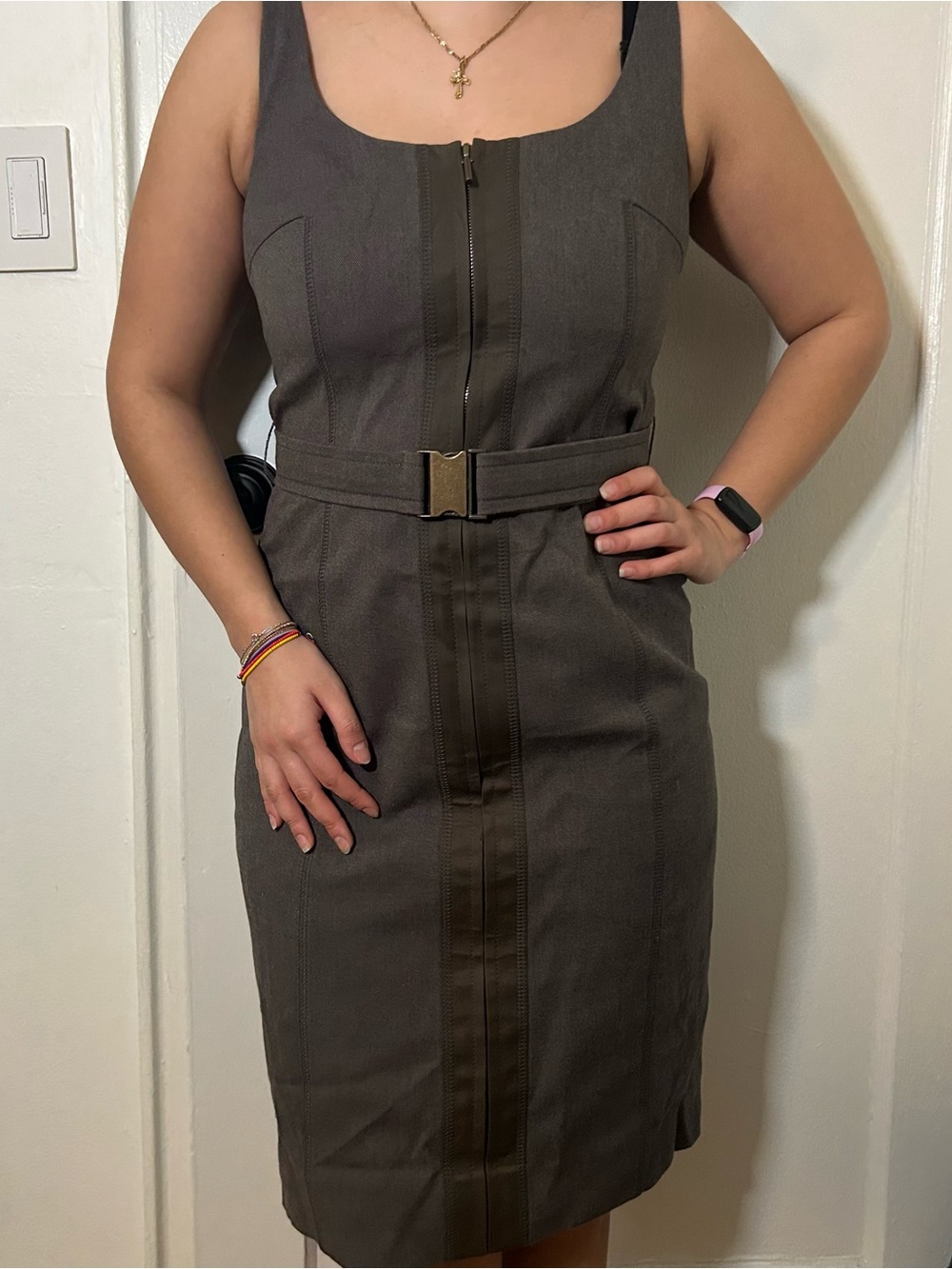 Akris Punto Sleeveless Zip-Front Belted Midi Dress in Brown